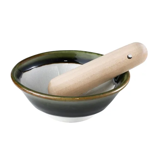 Vista 9 de Asayu Japanese Ceramic Black Mortar Bowl with Wooden Pestle 6.3 in (160 mm), Made in Japan Dishwasher and Microwave Safe Ripple Ridge Suribachi and