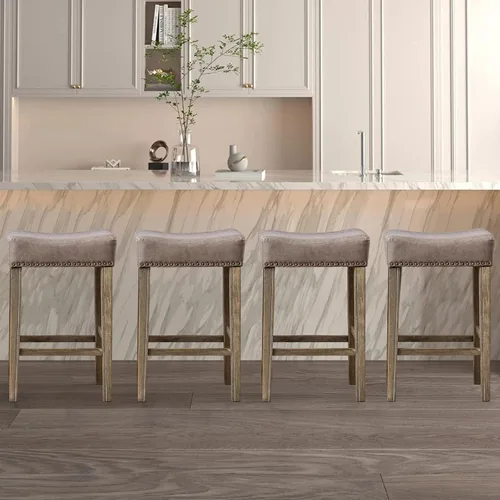 Vista 9 de Juego de 4 taburetes de bar con asiento de silla de montar de 29 pulgadas, taburetes de bar de piel sintética, sillas de bar de madera con cabeza