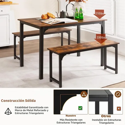 Vista 6 de NAFORT Juego de mesa de comedor para 4, mesa de cocina de 3 piezas con 2 bancos, mesa de comedor de 43.5 pulgadas que ahorra espacio con marco