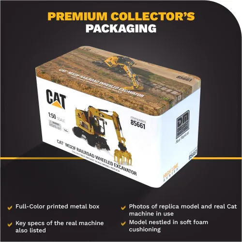 Vista 6 de Diecast Masters Excavadora con ruedas para ferrocarril Caterpillar M323F a escala 1:50 - Versión amarilla de seguridad Camiones para gatos