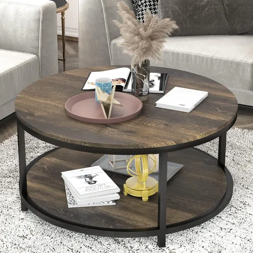 Vista 18 de NSdirect Mesa auxiliar redonda de 32 pulgadas para sala de estar, mesa central de madera maciza de 2 niveles para decoración del hogar con estante