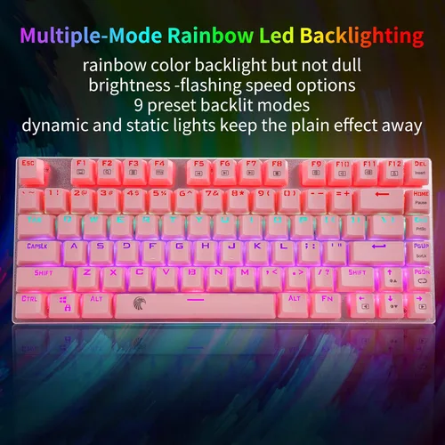 Vista 3 de HUO JI Z-88 Teclado mecánico para juegos, retroiluminación LED, 81 teclas, teclado compacto USB con cable, interruptores marrones, rosa