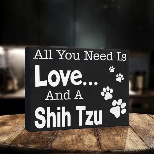 Vista 4 de JennyGems Regalos de Shih Tzu, letrero de madera con texto en inglés «All You Need Is Love and a Shih Tzu», decoración de estante y colgante