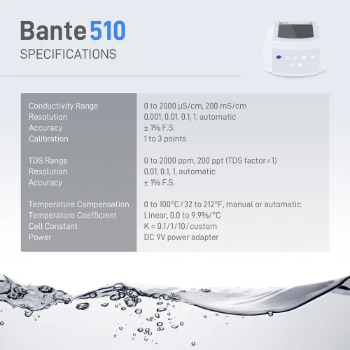 Vista 7 de Medidor de conductividad de sobremesa Bante 510 Medidor TDS de conductividad de laboratorio Equipado con 2 electrodos de platino Rango