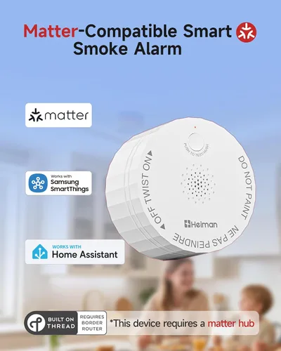 Vista 2 de Detector de humo Heiman Matter, alarma de incendios inteligente fotoeléctrica, listado UL217-9th, alimentado por batería, notificación en tiempo