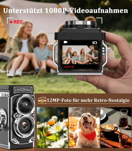 Vista 3 de Cámara digital retro de Chuzhao, cámara vintage portátil estilo TLR de doble lente, 12MP con enfoque automático, 1080P FHD, cámara de apuntar