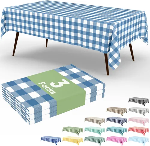Vista 53 de Smiry Paquete de 3 Manteles Desechables de Cuadros Gingham Color Caqui - 54" x 72" Mantel de Plástico de Servicio Pesado, Cubiertas de Mesa