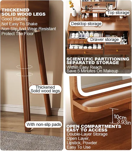Vista 4 de Tocador con espejo de luces, escritorio de maquillaje de madera con taburete acolchado, moderno escritorio de tocador para dormitorio con taburete