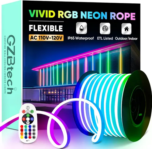Vista 16 de GZBtech Tira de luces LED flexibles de neón de 16.4 pies, tira de luz impermeable CA de 110-120 V, 120 LEDs/M, iluminación de neón conectable