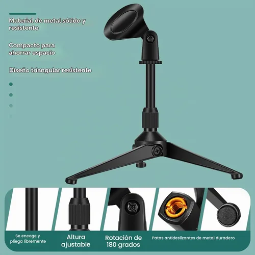 Vista 4 de Paquete de 3 soportes de micrófono de escritorio portátil plegable con soporte de clip para micrófono, altura ajustable, soporte de micrófono