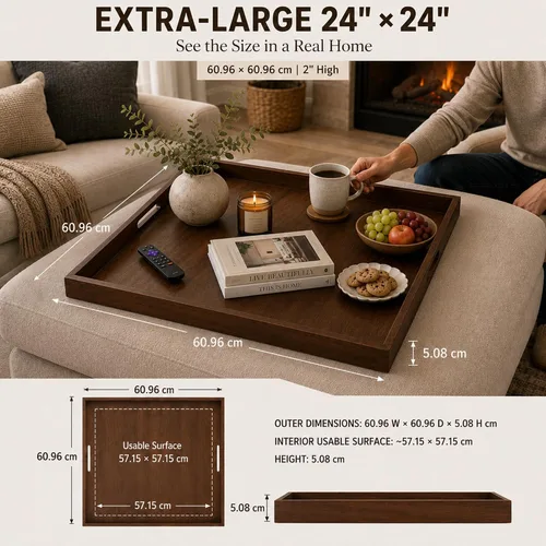 Vista 3 de Bandeja otomana de madera de nogal BARsics de 61x61 cm, bandeja grande para sala de estar