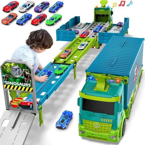 Vista 7 de Camión de carreras para niños, juguete plegable de 3 capas para niños, camión de juguete para transportar autos y 8 autos de carreras, juguetes