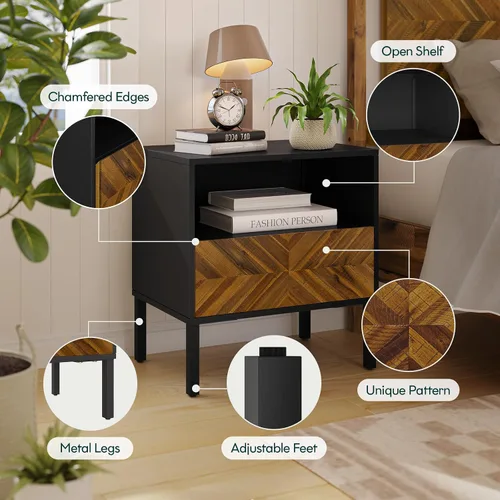 Vista 3 de Bme Vivian Mesas auxiliares para dormitorio, mesa de noche de madera maciza, mesa auxiliar moderna de mediados de siglo con cajón, patrón de espiga