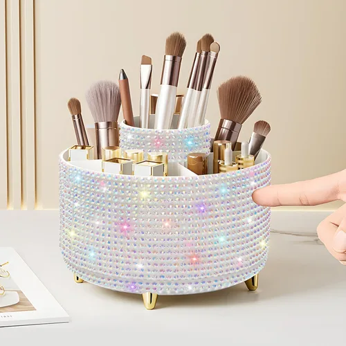 Vista 11 de Organizador para brochas de maquillaje, organizador de brochas de maquillaje giratorio 360°, taza con 5 ranuras para brochas de maquillaje