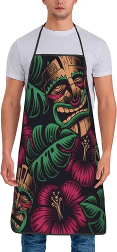 Vista 2 de Tiki - Delantales impermeables para chef, delantales para mujeres, hombres, cocina, cocina, hornear, jardinería, barbacoa, Tiki Máscaras y Flores