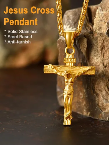 Vista 3 de U7 Colgante de cruz de crucifijo para hombre con cadena de bautismo, joyería cristiana, acero inoxidable, oro de 18 quilates, collar antiguo