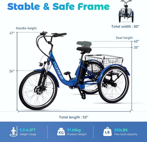 Vista 5 de Luxevelo - Triciclo eléctrico de 500 W para adultos, triciclo compacto de 24 pulgadas y 7 velocidades con frenos de disco hidráulicos, suspensión