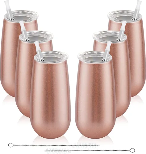 Vista 25 de Paquete de 2 vasos de champán sin tallo, vaso de flauta aislado de 6 onzas, vasos irrompibles de doble aislamiento para amigos, cumpleaños, Navidad
