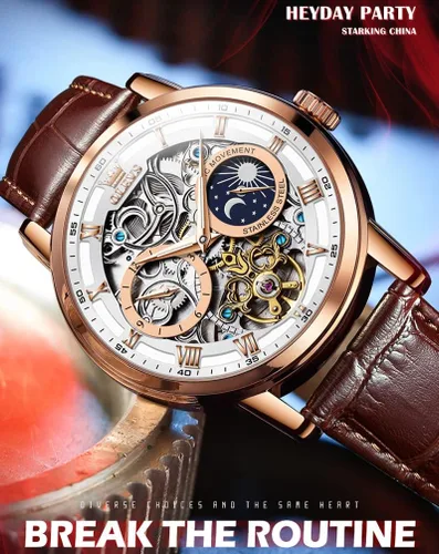 Vista 2 de OLEVS Relojes automáticos para hombre, esqueleto Tourbillon, cuerda automática, mecánica, correa de cuero auténtico, reloj de pulsera de lujo, sol