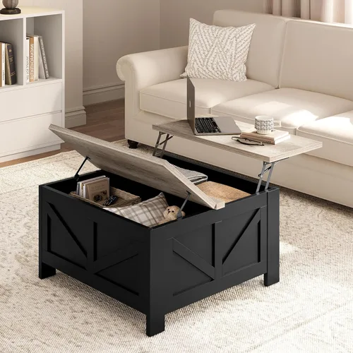 Vista 2 de Yaheetech - Mesa de centro con superficie superior abatible con almacenamiento, mesa de café cuadrada para sala de estar, mesas centrales de 31.5
