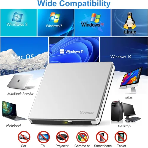 Vista 12 de Guamar Unidad de CD externa para Mac: Reproductor de quemador de DVD portátil para PC portátil con Windows 11 con ranura SD/TF 2 puertos USB - USB-C