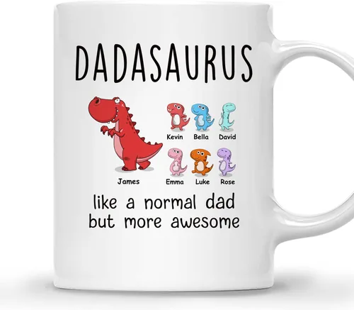Vista 15 de Gossby Taza de Café Personalizada DADASAURUS – Regalo Personalizado para Papá de Niño, Hija, Hijo, Esposa Con Diseño, Nombres – Divertido Día