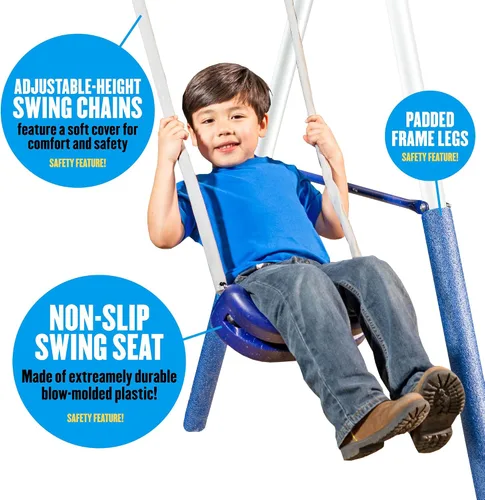 Vista 3 de XDP Recreation Surf N Swing - Juego de columpio y juego de 5 estaciones de acero pintado para niños con tobogán ondulado, protectores de piernas