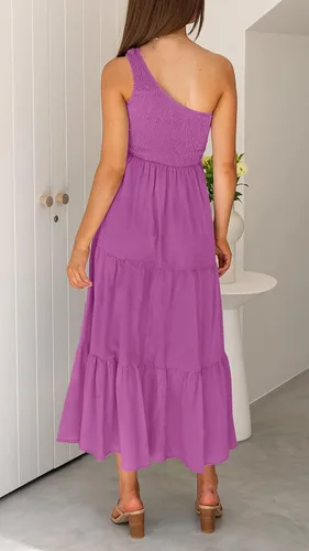 Vista 4 de ZCSIA - Vestido de verano bohemio para mujer, con un hombro descubierto, sin mangas, unicolor, largo debajo de la rodilla y con holanes escalonados