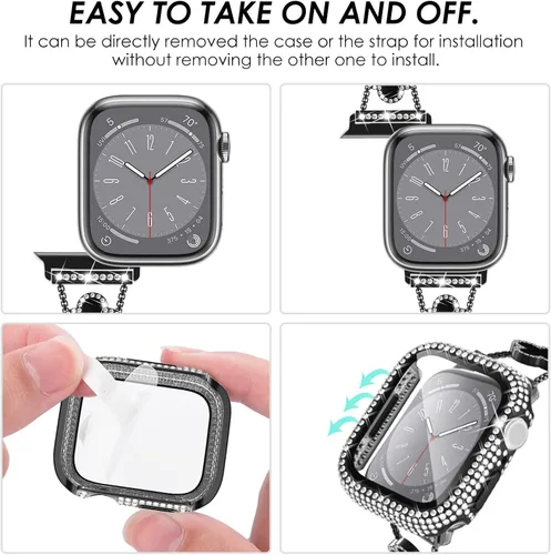 Vista 5 de KADES Bling Four-Leaf Clover Band for Apple Watch Bands Women's Wear Negro/Negro