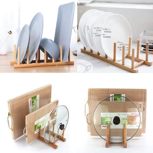 Vista 2 de Rejilla de secado con soporte de bambú, para organizar platos, sartén, cuenco, copa, libro, tapa de olla para gabinete de cocina o encimera