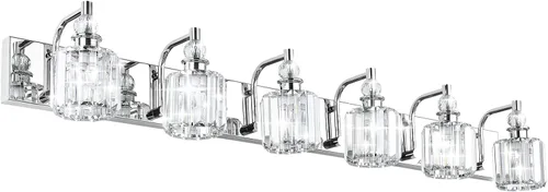 Vista 11 de Ralbay - Luces de tocador de cristal, 2 luces, modernas lámparas de cromo de cristal para iluminación de baño, para usar sobre el espejo