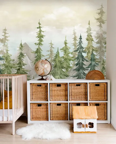 Vista 4 de Murwall Papel pintado de acuarela para niños, bosque y vivero, pino