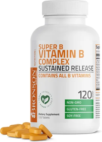 Vista 8 de Bronson Complejo de vitamina B Super B de liberación lenta sostenida (vitamina B1, B2, B3, B6, B9 - ácido fólico, B12) contiene todas las vitaminas
