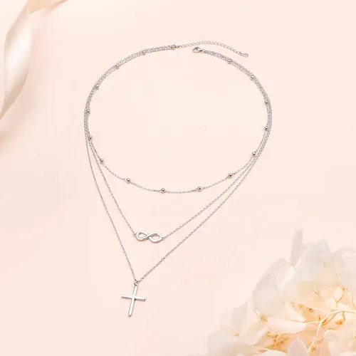 Vista 5 de Collares de plata de ley S925 en capas, barra circular de 3 capas, estilo bohemio, largo, triple gargantilla, collar, regalo de joyería para mujer