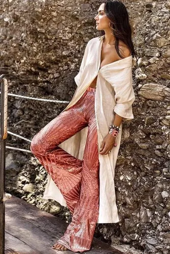 Vista 2 de BLENCOT Pantalones acampanados para mujer, de cintura alta, pierna ancha, pantalones de palazzo con lentejuelas brillantes