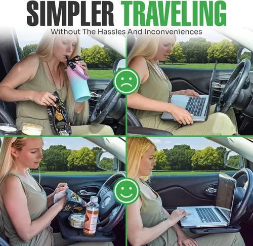 Vista 6 de lebogner Bandeja para volante, bandejas de comida para automóvil para comer, laptop, tableta, iPad o portátil, mesa de escritorio con gancho