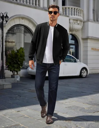 Vista 4 de COOFANDY - Chaqueta de suéter con cremallera para hombre, sudadera acanalada, bomber ligera, casual