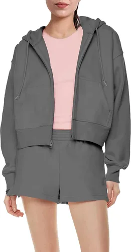 Vista 2 de PUWEI Chaqueta corta con capucha y cordón para mujer, casual, con cremallera, con bolsillos