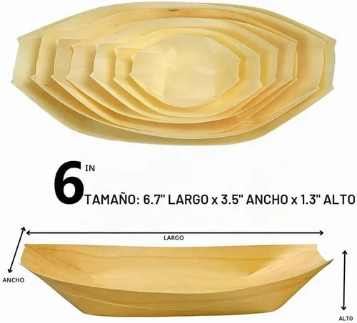 Vista 3 de Bandejas desechables de madera para servir, paquete de 100 platos desechables de 7 pulgadas, platos desechables para aperitivos, sushi, postres