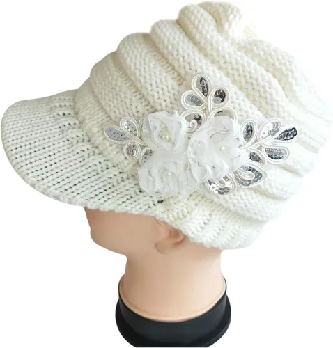 Vista 4 de C-US - Gorro de punto cálido para mujer, con visera de ganchillo con acento de flores