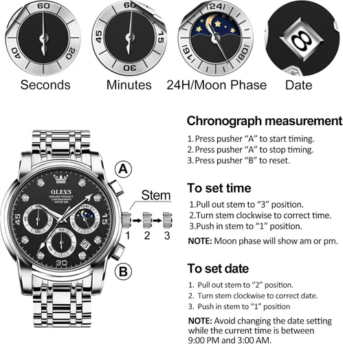 Vista 6 de OLEVS Reloj cronógrafo para hombre, esfera grande, multifuncional, fácil de leer, de acero inoxidable, analógico, de cuarzo, con fecha, de lujo