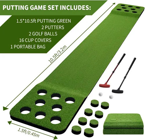 Vista 6 de Wekin Alfombra de práctica de golf para interiores con 2 putters, 2 bolas, 12 cubiertas de hoyo, tapete de entrenamiento de golf para juego