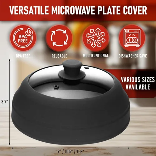 Vista 2 de Cubierta de vidrio para microondas para alimentos, tapa grande de vidrio templado y silicona de 10.8 pulgadas, resistente al calor, protector