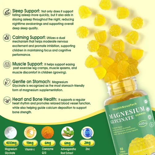Vista 5 de Gomitas de glicinato de magnesio de 400 mg con Ashwagandha, CoQ10, zinc y vitamina C - Adecuadas para adultos y niños mayores de 4 años - Gomitas