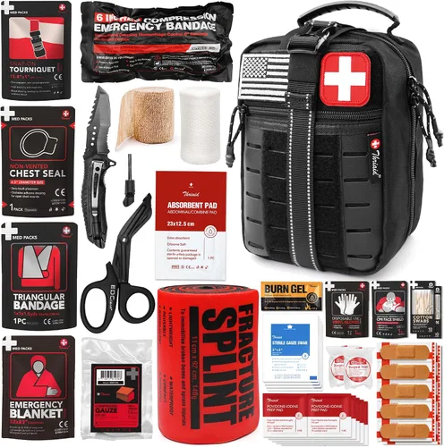 Vista 10 de Kit de primeros auxilios de supervivencia con vendaje de estilo israelí, férula, sello de pecho para emergencias tácticas Molle al aire libre, rojo