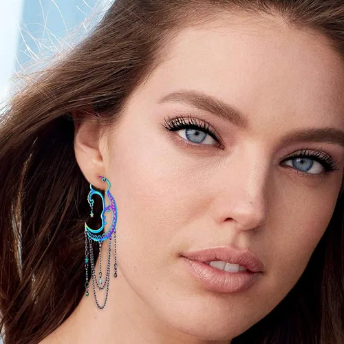 Vista 3 de Aretes asimétricos de sol y luna para mujer, aretes bohemios de arco iris, cadena de borla de estrella, aretes colgantes de acero inoxidable