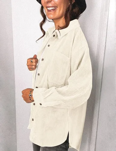 Vista 4 de Saslax Camisa de pana para mujer, de manga larga, con botones, cuello en V, holgada, chaqueta