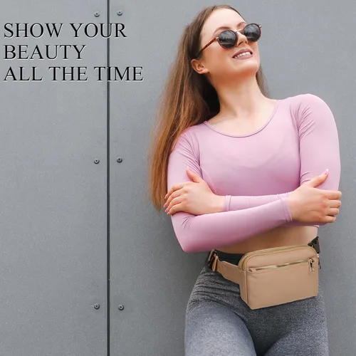 Vista 7 de Riñonera cruzada para mujer, cangurera de moda para mujer, cintura pequeña, bolsa de pecho con correa ajustable, 02 Albaricoque PU