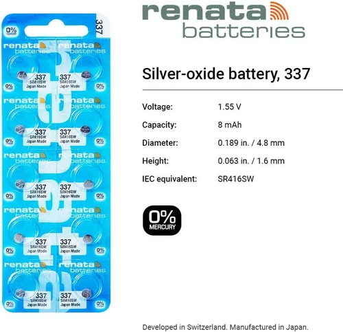 Vista 2 de Renata 337 SR416SW Baterías – 1.55 V Óxido de Plata 337 Batería de Reloj (2 unidades)
