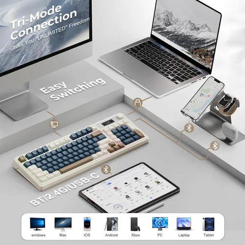 Vista 7 de AULA Teclado para juegos S99 Pro, bonito teclado cremoso con pantalla inteligente con teclado numérico, teclados de computadora Bluetooth